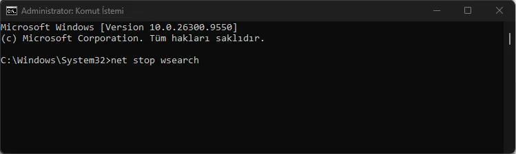 Komut İstemi'nde net stop wsearch komutunun çalıştırılması