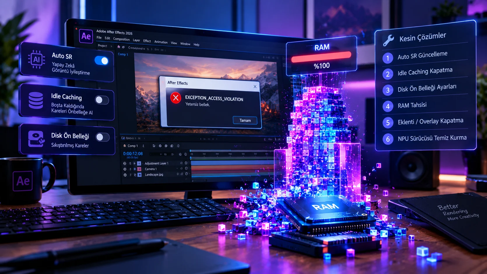 After Effects yetersiz bellek hatası yüzünden donan kurgu ekranı ve kırmızıya dönmüş RAM modülleri.