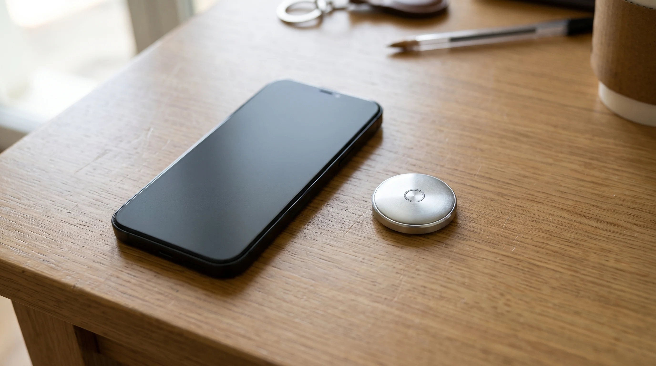 Masa üzerinde kapalı ekranlı telefon ve yanında küçük yuvarlak gümüş disk