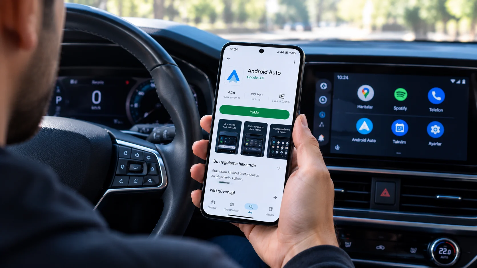 Android Auto güncelleme işlemi yapan bir kullanıcının araç içindeki telefon ekranı görünümü.