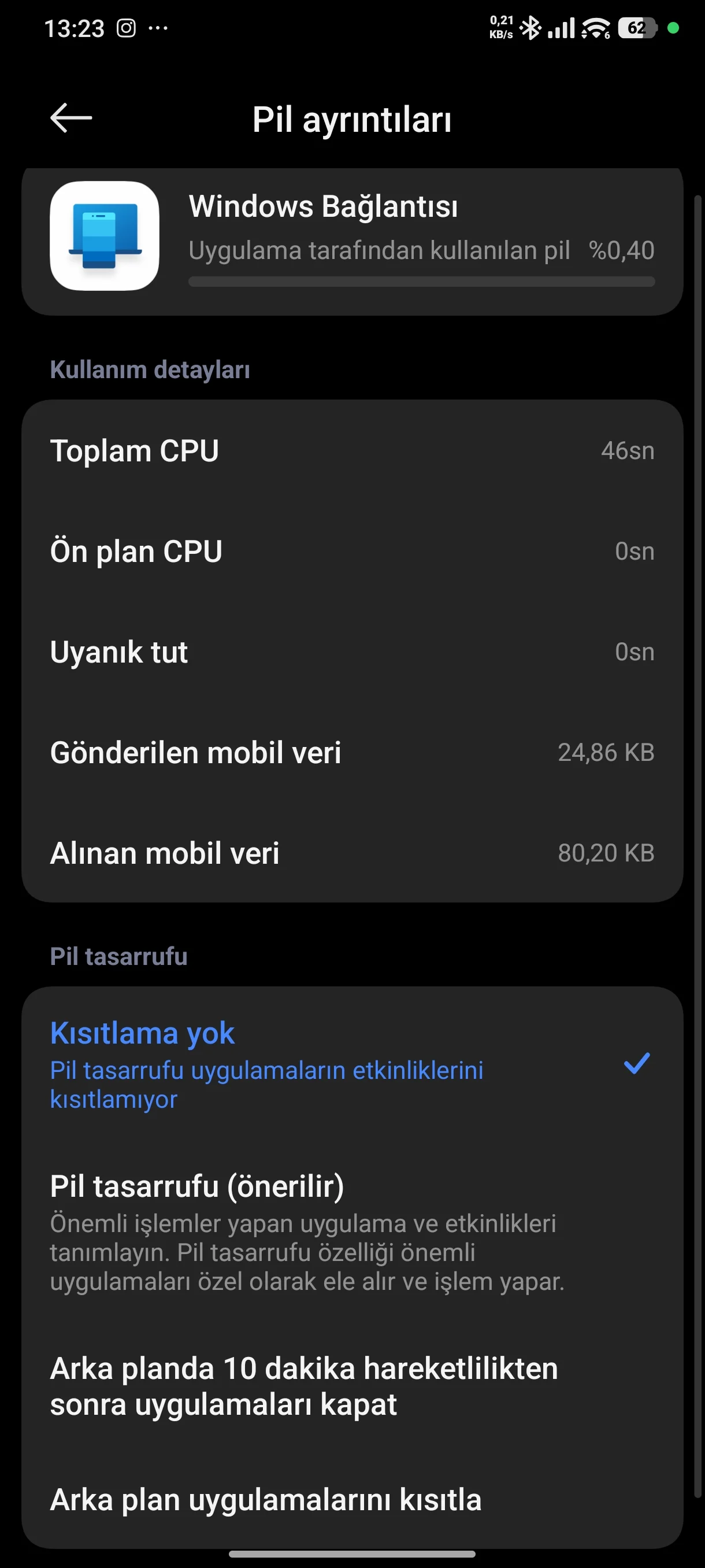 Android telefonda Windows Bağlantısı uygulamasının Kısıtlanmamış pil kullanımı ayarı