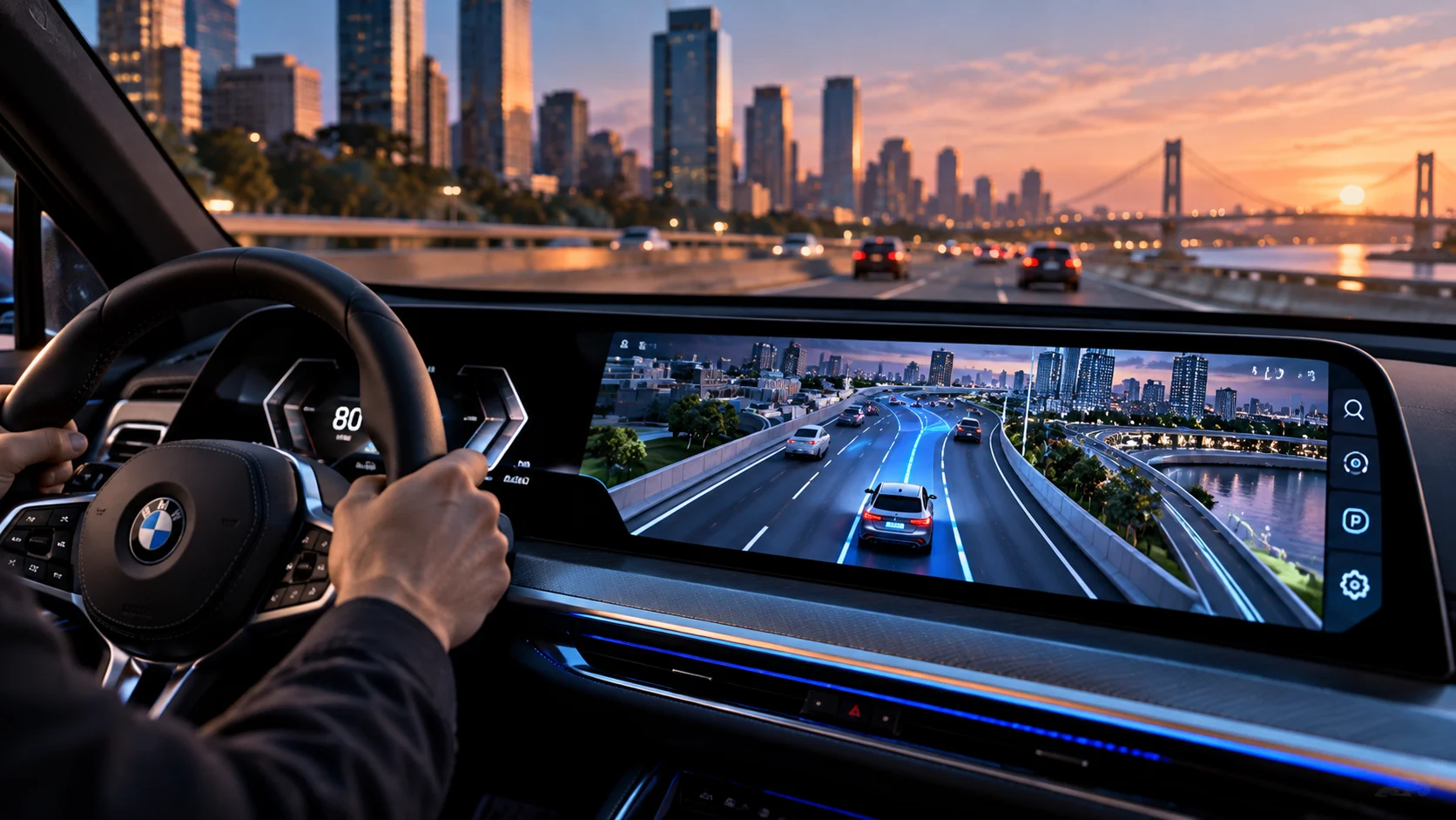 BMW otomobilinin dijital kokpitinde üç boyutlu navigasyon haritası ve mavi rota yönlendirmesi gösteren geniş ekranlı yeni nesil arayüz.