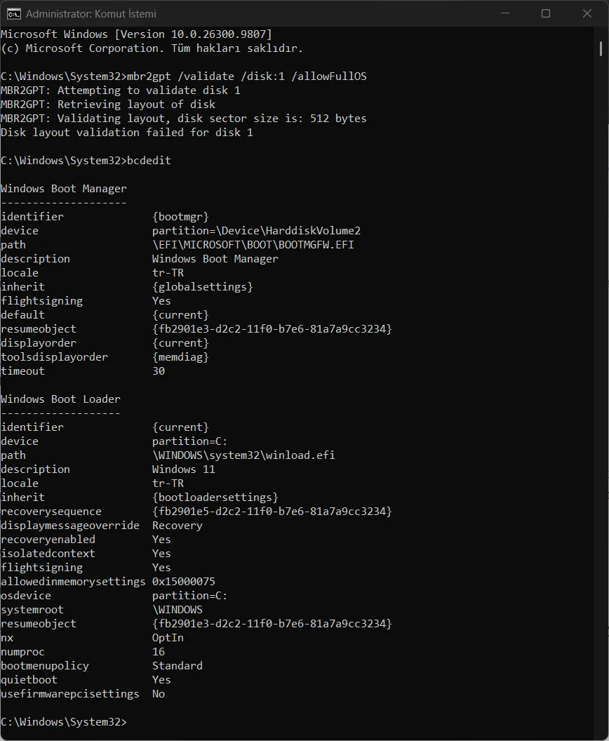 bcdedit çıktısında device ve osdevice girişleri
