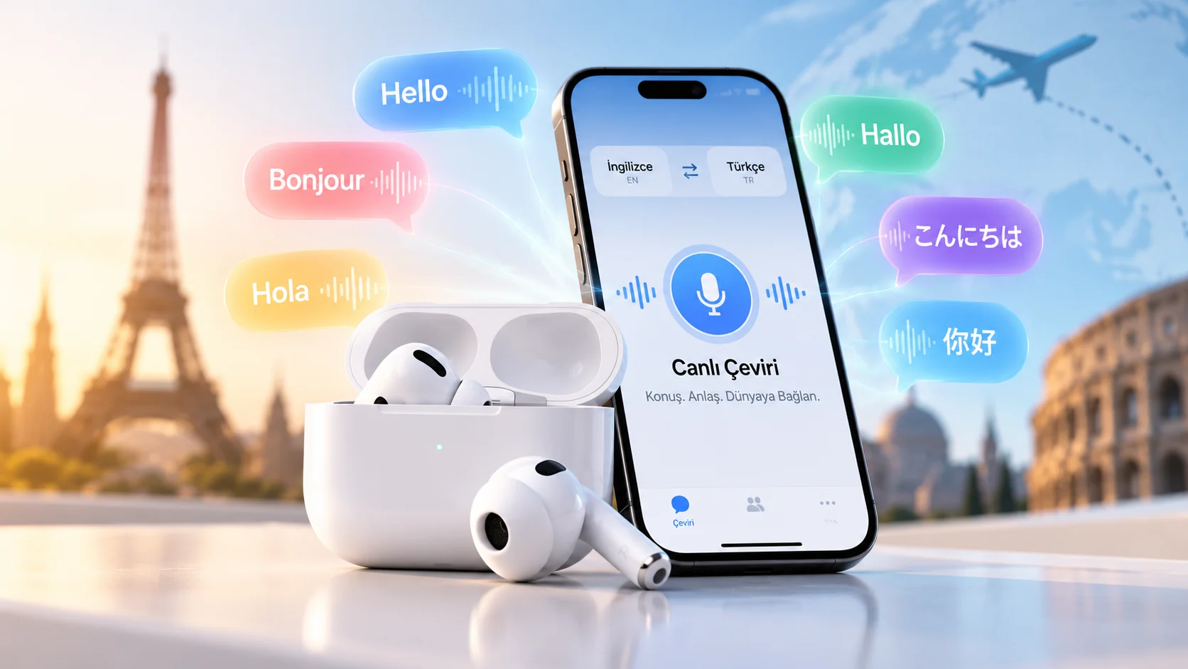 AirPods ve iPhone ile canlı çeviri özelliği, farklı dillerde konuşma balonları ve çeviri uygulaması ekranı.