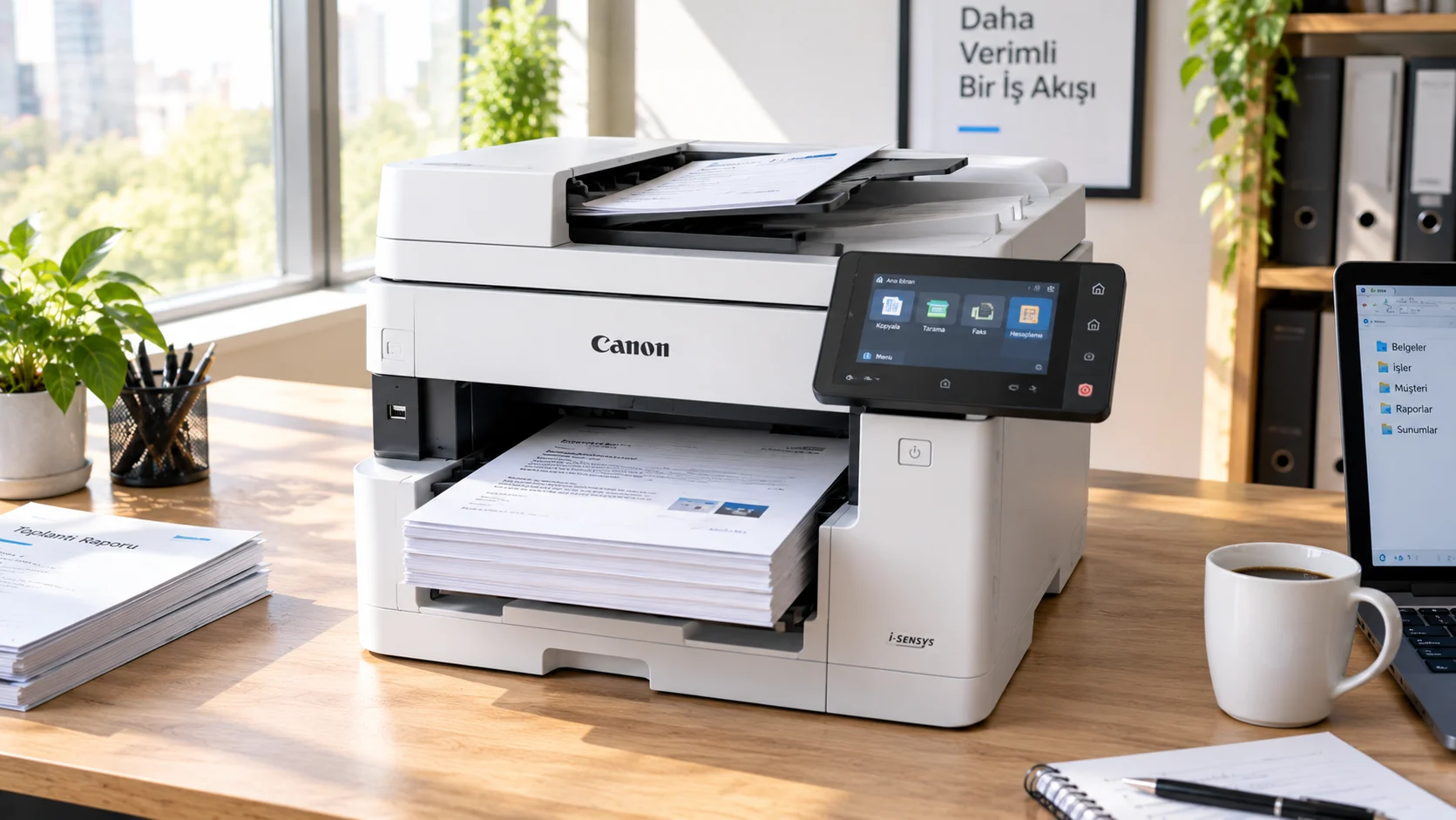 Canon çift taraflı yazdırma işlemini gösteren ofis yazıcısı ve kağıt çıktısı.