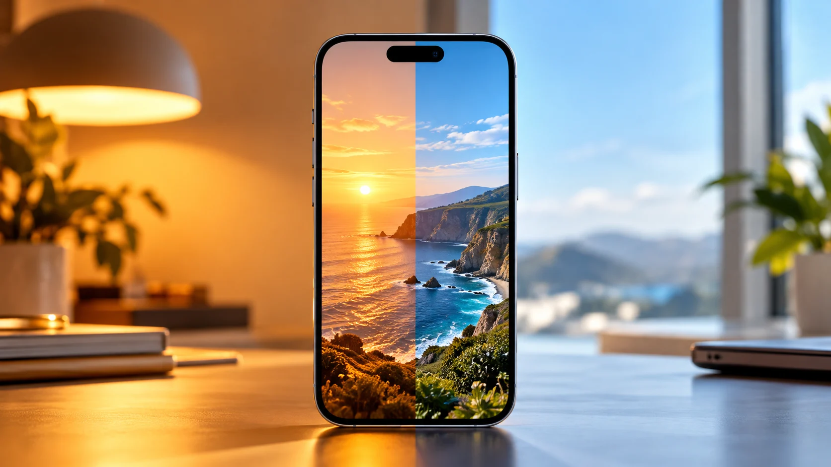 Farklı ışık koşullarında renkleri değişen iPhone ekranı ve True Tone teknolojisini temsil eden görsel
