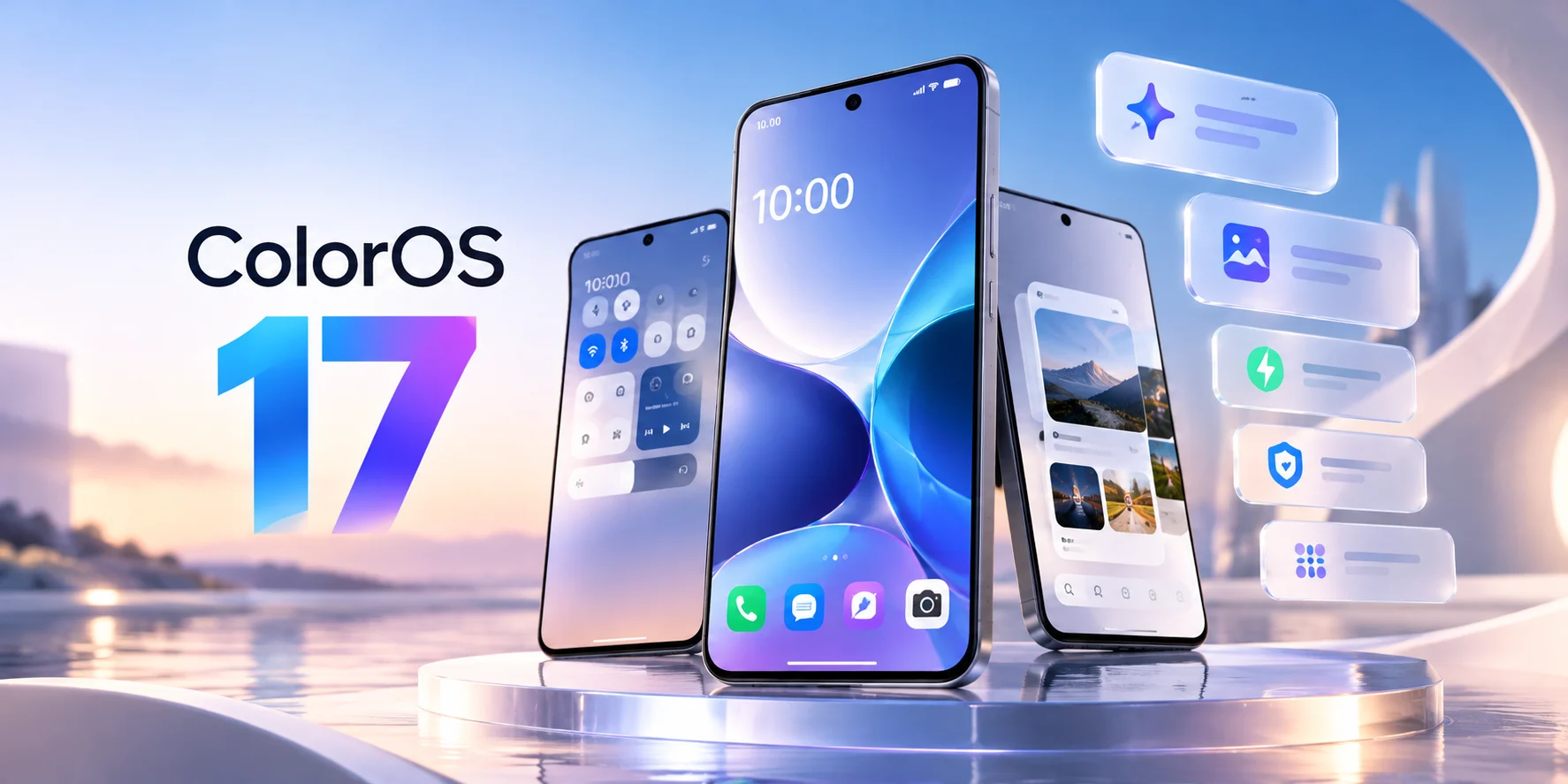 ColorOS 17 arayüzünü, yeni tasarımını ve akıllı özelliklerini gösteren üç akıllı telefonun yer aldığı kapak görseli.