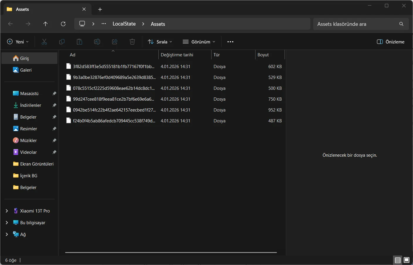 Dosya Gezgini'nde ContentDeliveryManager Assets klasörünün içeriğinin seçilip silinmesi