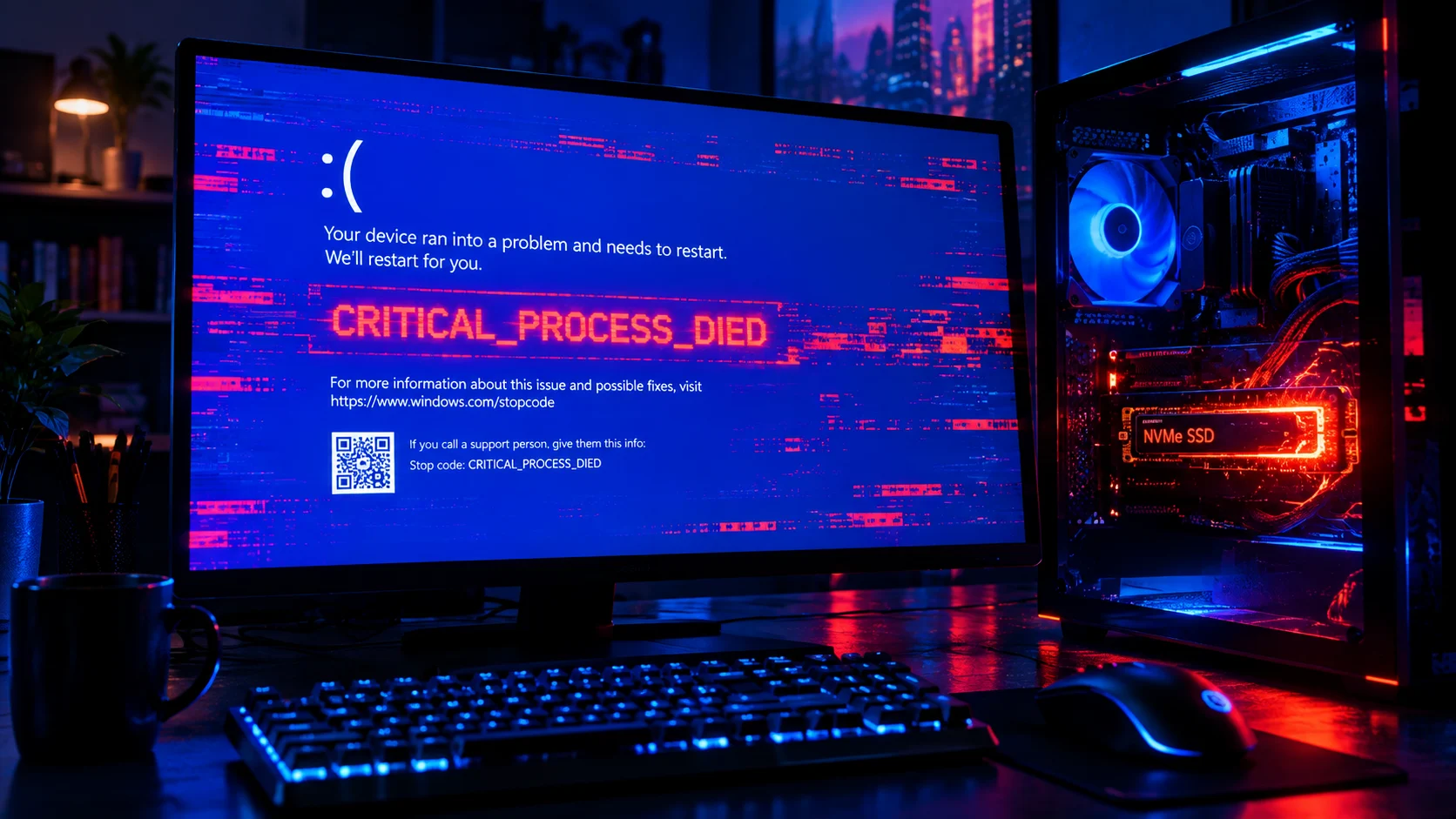 Critical process died hatası veren dizüstü bilgisayar ekranı ve yanında onarımı bekleyen SSD diski.
