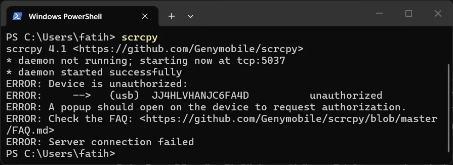 Terminalde scrcpy komutunun çalıştırılması sonucu alınan 'ERROR Device is unauthorized' hatası ve sistemin telefondan onay beklediğini gösteren uyarı çıktısı