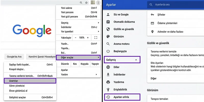 ERR_CACHE_MISS Hatası için Chrome'un gelişmiş ayarlarından sıfırlama seçeneklerine ulaşma adımlarını inceleyin.