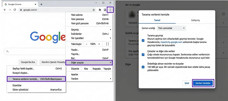 ERR_CACHE_MISS Hatası sırasında Chrome'daki önbellek ve çerez temizleme seçeneklerini dikkatle değerlendirin.