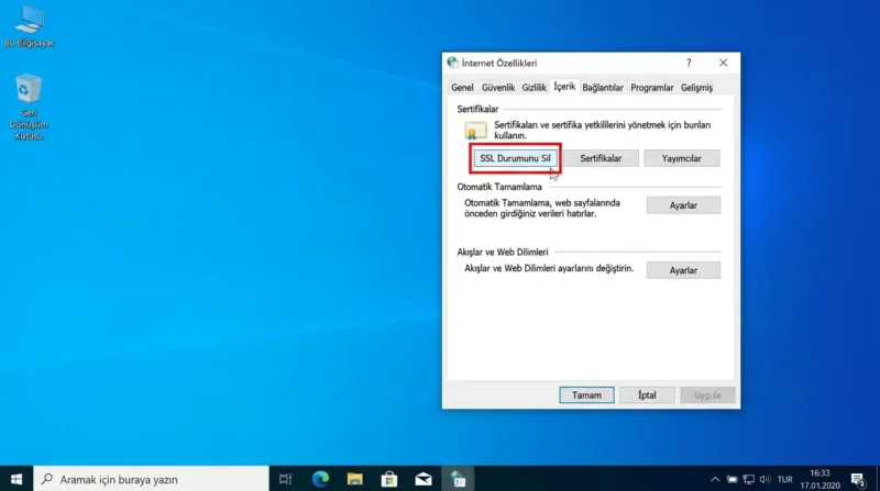 ERR_SSL_VERSION_OR_CIPHER_MISMATCH Hatası için Windows internet özelliklerinden SSL durumunu temizleme adımı.