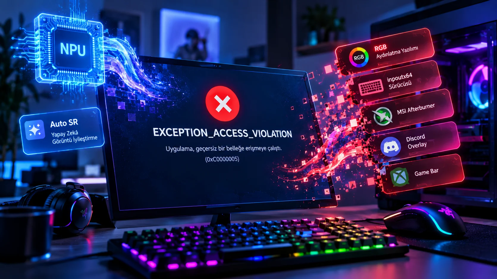 EXCEPTION_ACCESS_VIOLATION hatası veren karanlık bir dizüstü bilgisayar ekranı ve RGB aydınlatmalı klavye yansıması.
