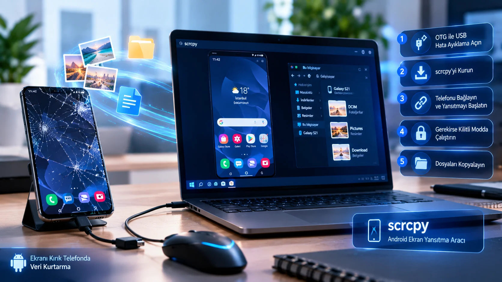 Ekranı kırık telefondan veri kurtarma işlemini yansıtan, bilgisayara USB ile bağlı hasarlı akıllı telefon.