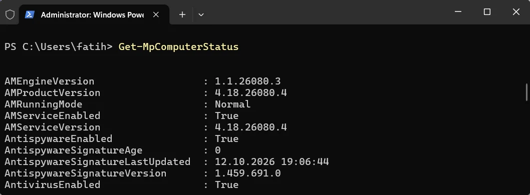 Get-MpComputerStatus komutunun çıktısında motor sürümü ve gerçek zamanlı koruma bilgileri