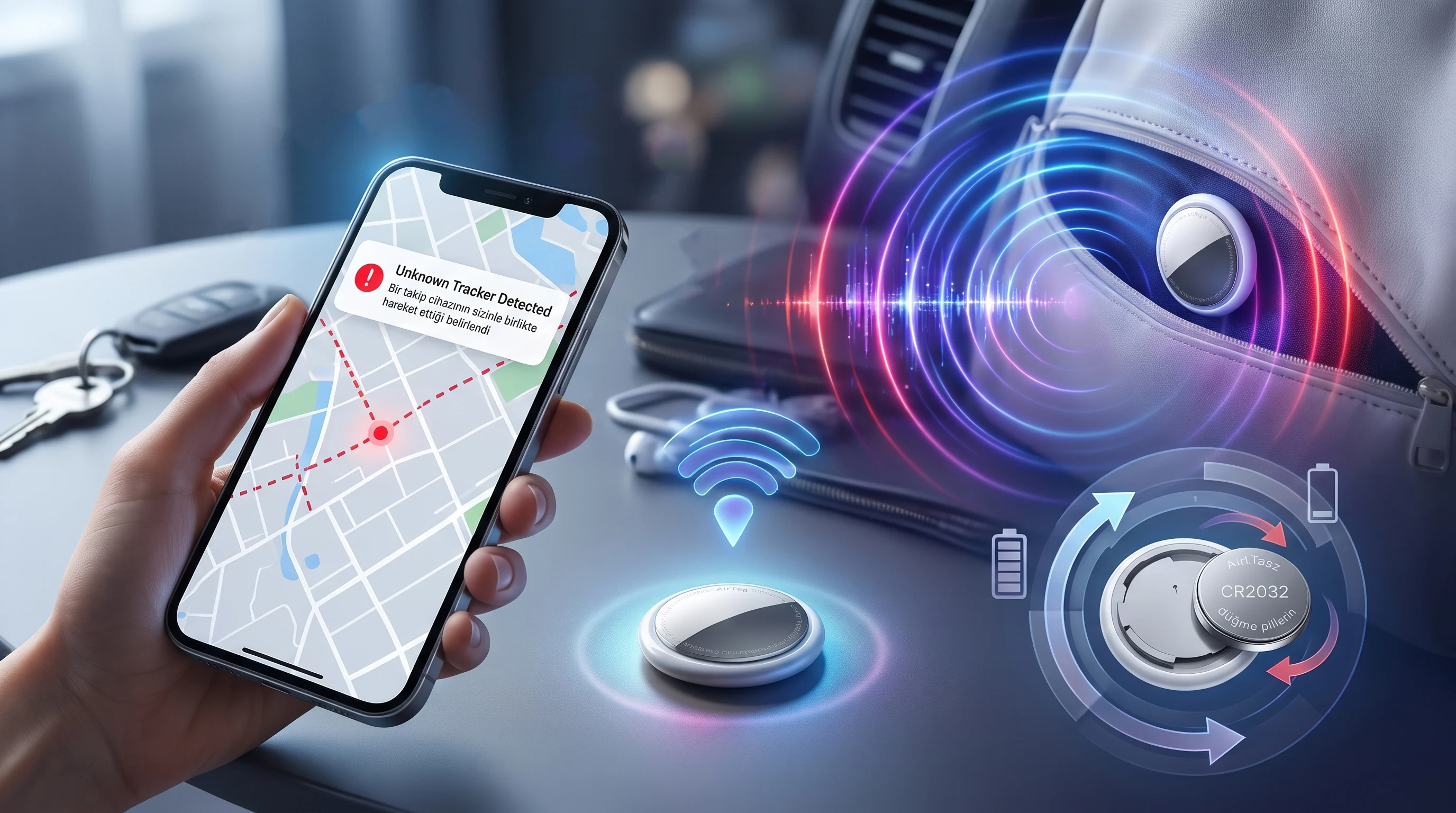 Kapalı ekranlı akıllı telefonun yanında küçük yuvarlak gümüş disk, gizli AirTag nasıl bulunur konusunu anlatıyor