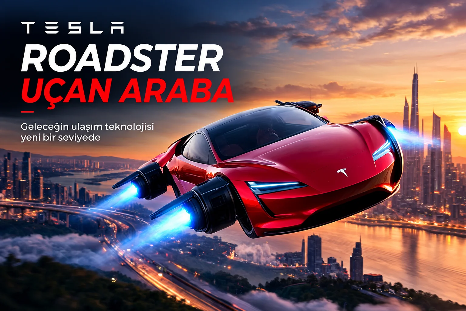 Gün batımında fütüristik bir şehir üzerinde roket iticileriyle uçan kırmızı Tesla Roadster konsept otomobili.