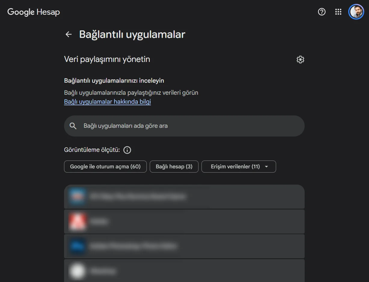 Google hesabı Güvenlik sayfasında Bağlantılı uygulamalar paneli