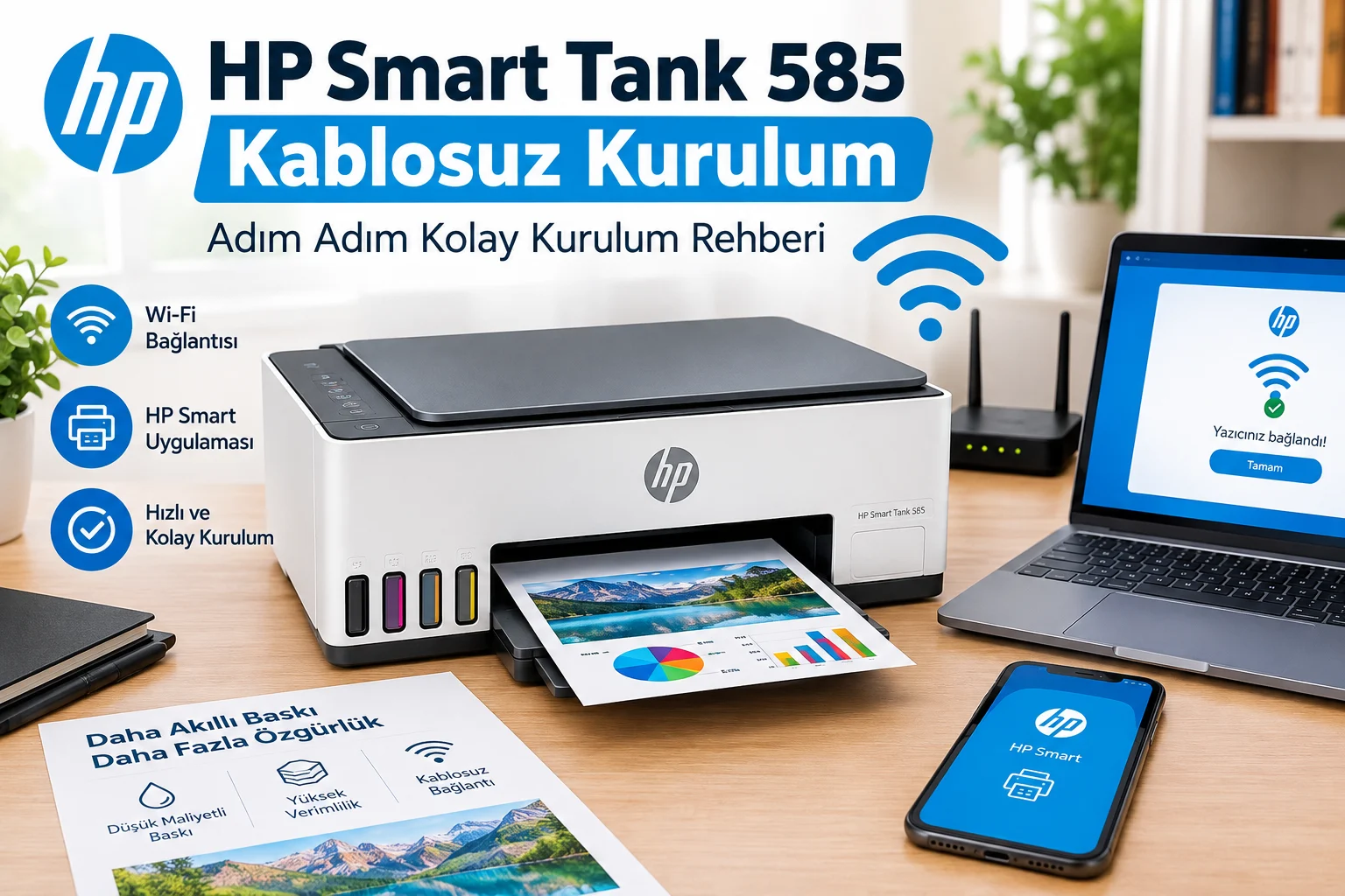 HP Smart Tank 585 kablosuz kurulum ve Wi-Fi bağlantısı rehberi