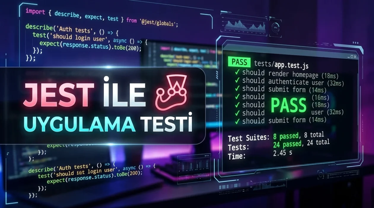 Jest ile Uygulama Testi sırasında otomatik testlerin çalıştırılması ve başarılı sonuçların değerlendirilmesi.