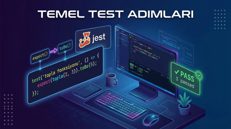 Jest ile Uygulama Testi için expect ve toBe ifadeleriyle temel birim testlerinin hazırlanması.