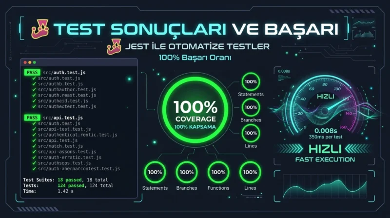 Jest ile Uygulama Testi sonuçlarında başarılı senaryoların ve kod kapsamı oranlarının incelenmesi.