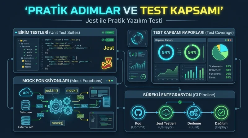 Jest ile Uygulama Testi kapsamında mock fonksiyonları, kapsam raporları ve otomatik test akışının kullanılması.