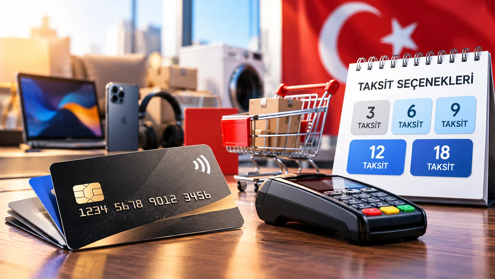 Türkiye'de kredi kartı taksit sayısı güncellemesini temsil eden kredi kartı, POS cihazı ve 3, 6, 9, 12 ve 18 taksit seçeneklerinin bulunduğu görsel.