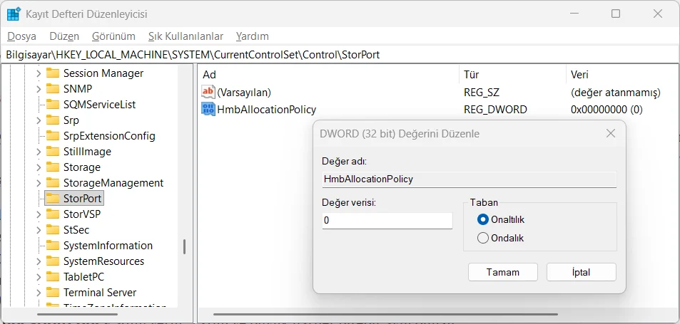 Kayıt Defteri'nde StorPort anahtarı altında HmbAllocationPolicy değerinin oluşturulmas