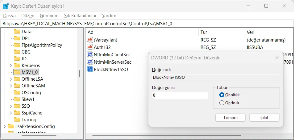 Kayıt Defteri'nde MSV1_0 anahtarı altında BlockNtlmv1SSO değerinin 0 yapılması