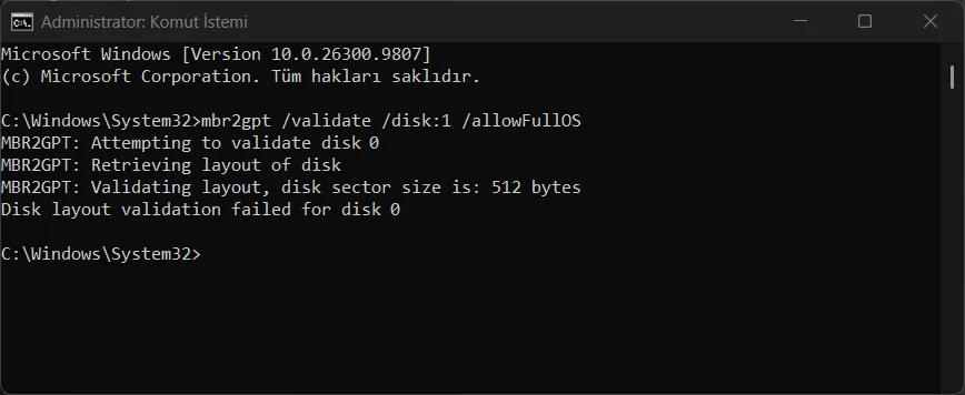 Komut İstemi'nde MBR2GPT doğrulama denemesi ve Cannot find OS partition(s) hatası