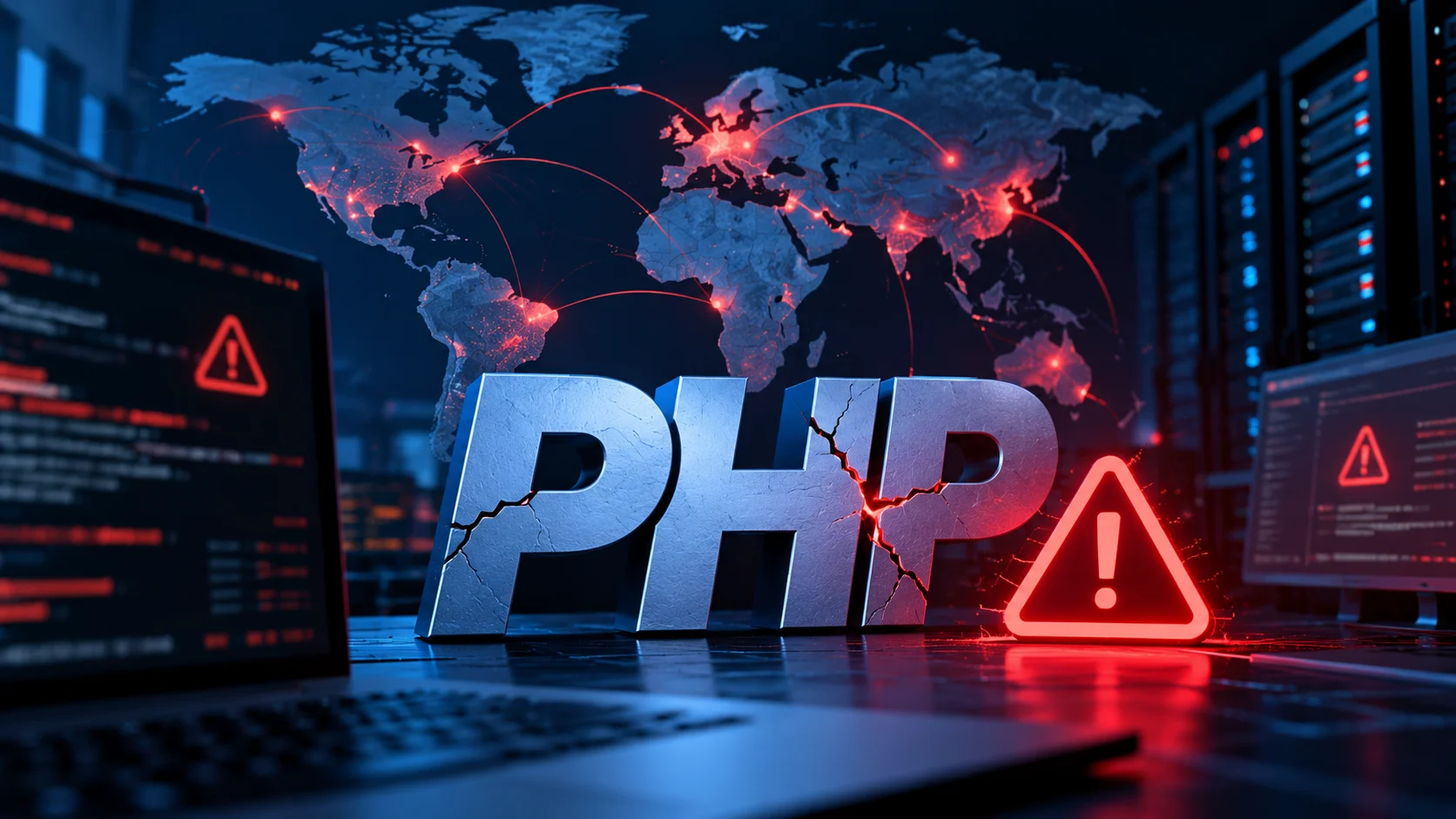 PHP güvenlik açığı nedeniyle küresel ölçekte oluşan siber güvenlik tehdidini simgeleyen sunucular, dünya haritası ve uyarı işaretleri.