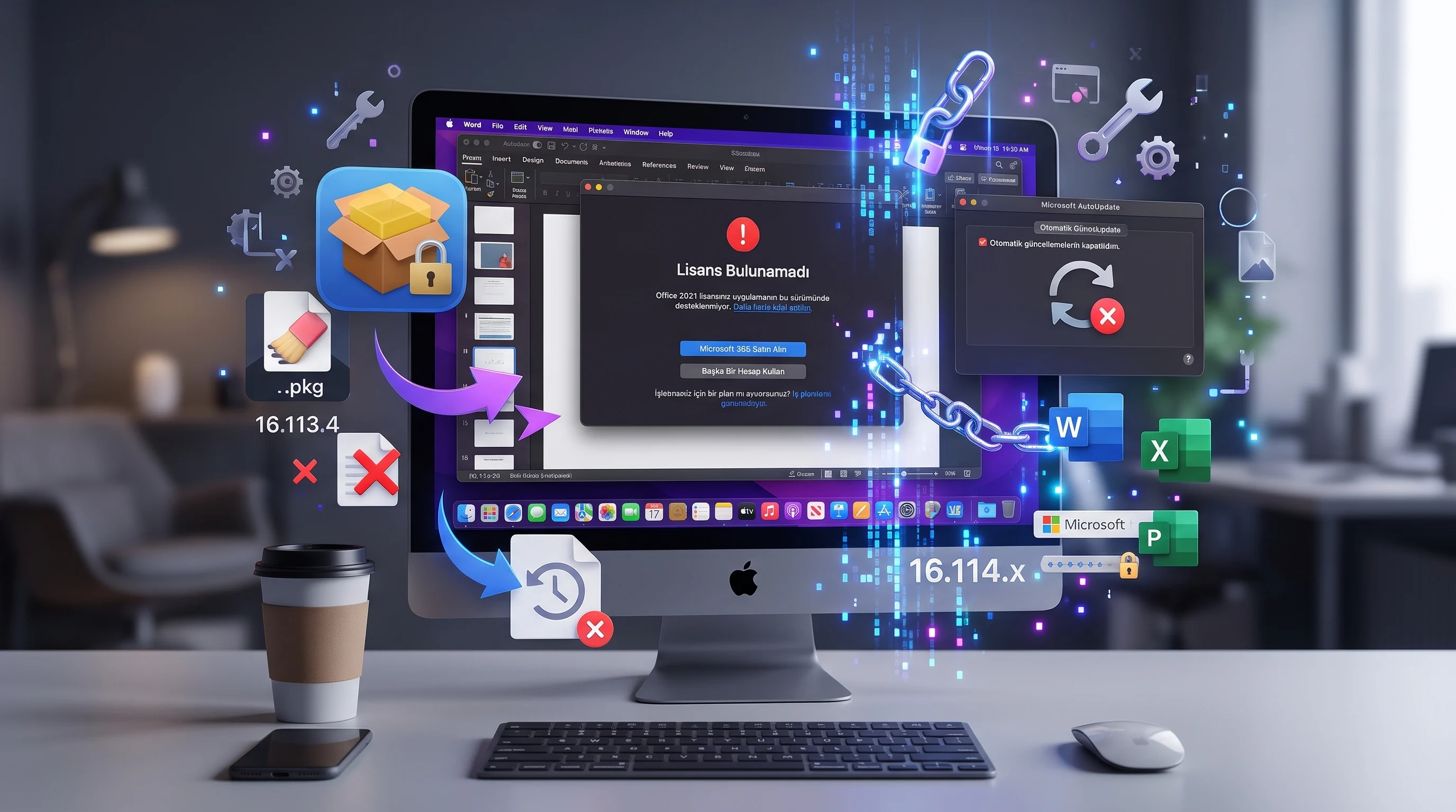Mac Office 2021 lisans hatası için kapalı dizüstü bilgisayarın yanında sarı uyarı üçgeni