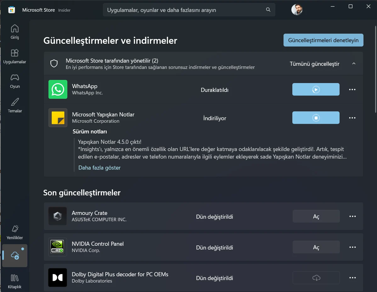 Microsoft Store İndirmeler bölümünde Güncelleştirmeleri denetle düğmesi