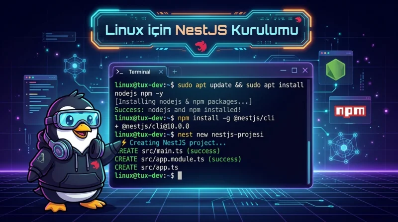 Nest Kurulumu Linux terminalinde Node.js paketlerini yükleme ve yeni proje oluşturma adımları.