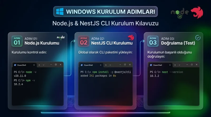 Nest Kurulumu Windows üzerinde Node.js kontrolü, CLI yükleme ve sürüm doğrulama işlemleri.