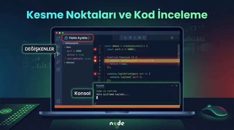 Node.js Hata Ayıklama sırasında kesme noktalarıyla değişkenlerin ve çalışma akışının incelenmesi.