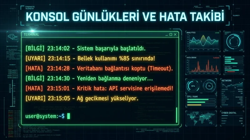 Node.js Hata Ayıklama için konsol kayıtlarından uyarıların ve bağlantı hatalarının izlenmesi.