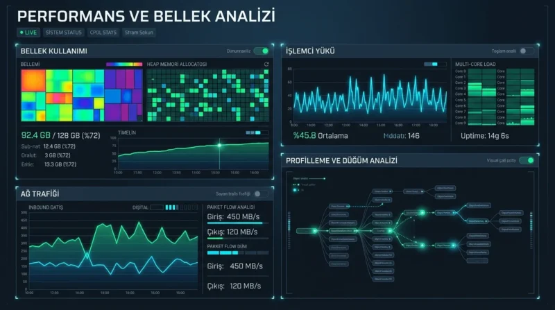 Node.js Hata Ayıklama sürecinde bellek tüketimi, işlemci yükü ve performans darboğazları.