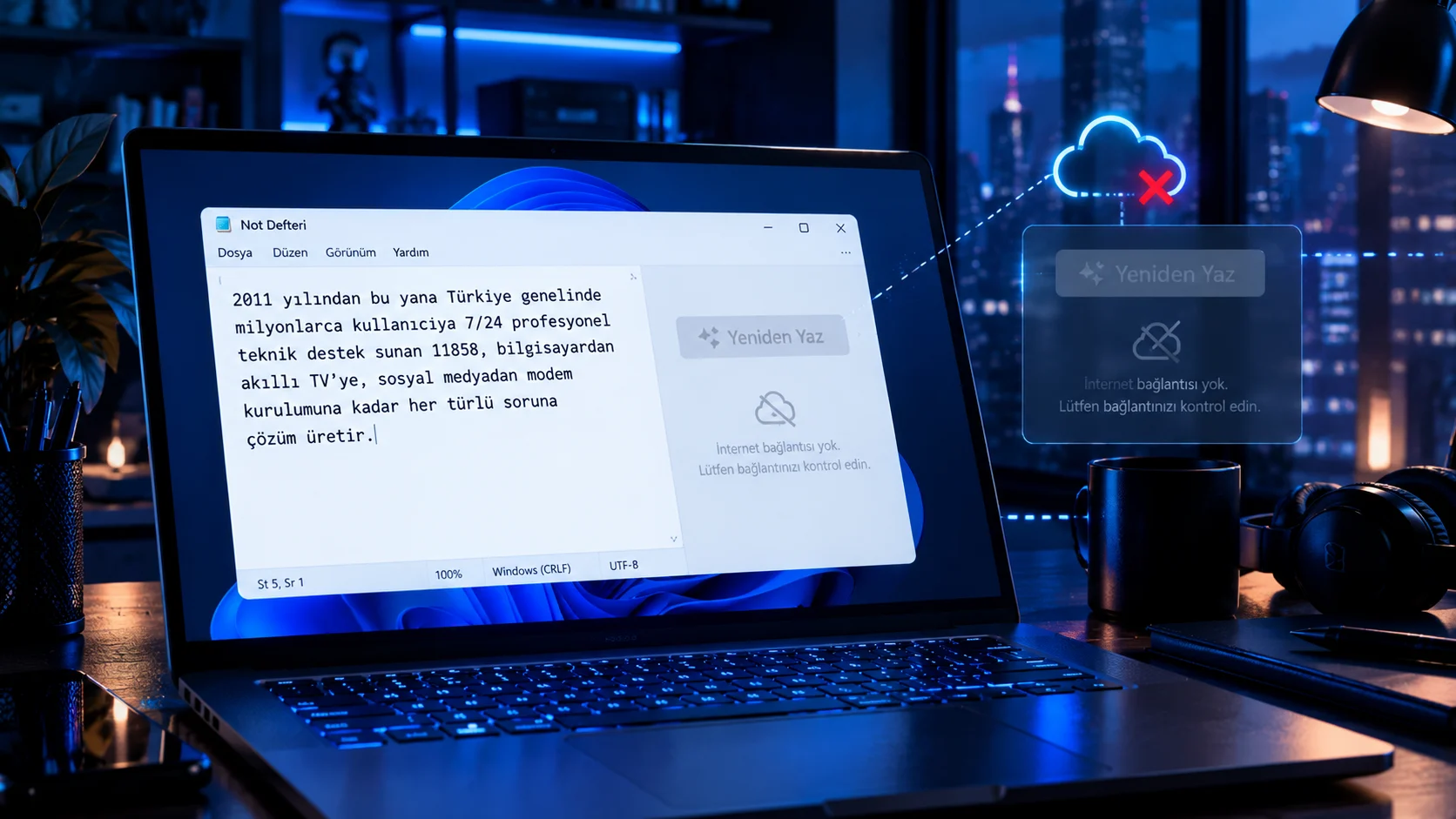 Not Defteri Yeniden Yaz gözükmüyor sorunu yaşayan bulanık ve karanlık bir bilgisayar ekranı.