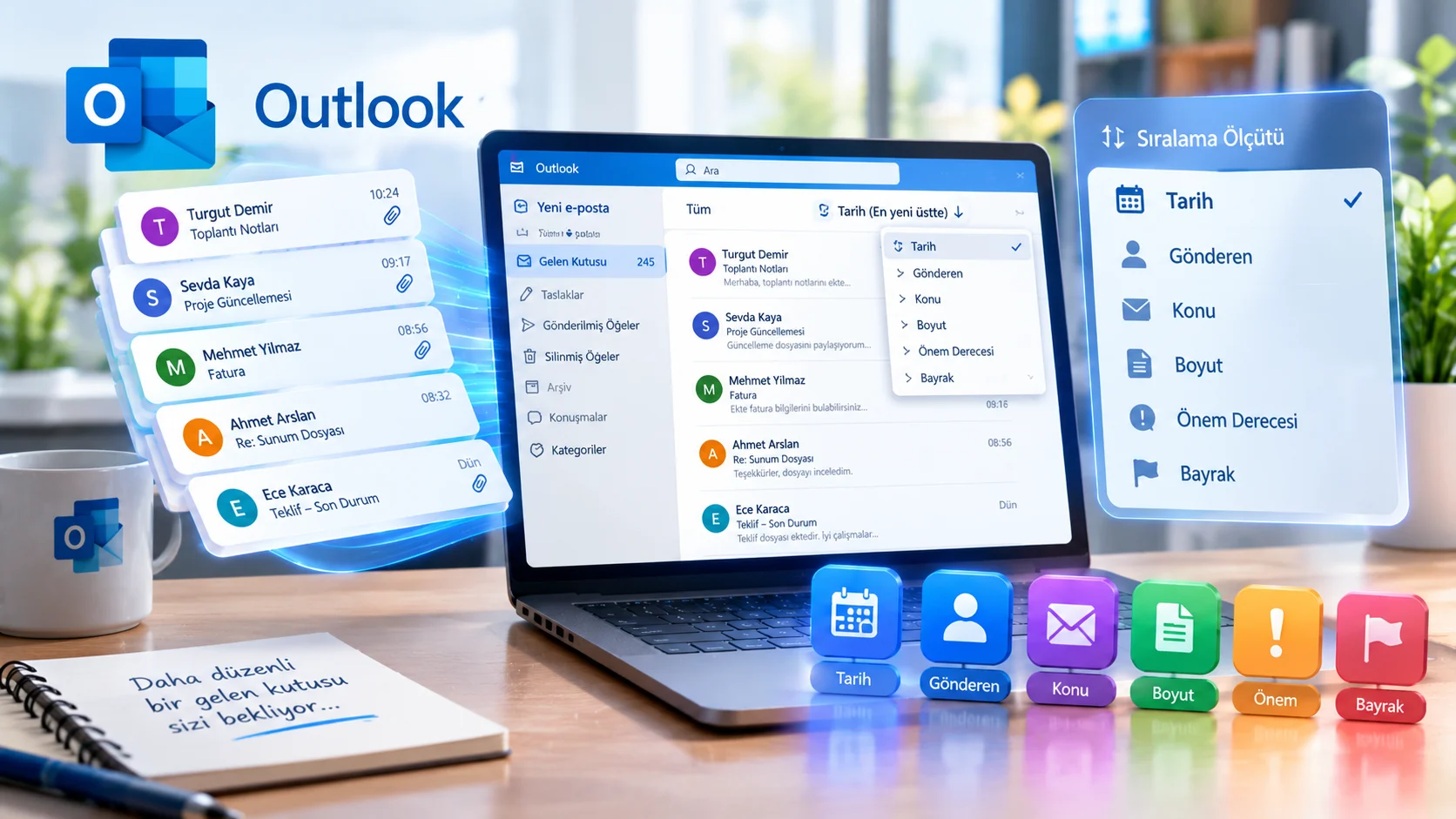 Outlook e-posta sıralama işlemi yapılarak düzenlenmiş bir gelen kutusunu gösteren karanlık bilgisayar ekranı.