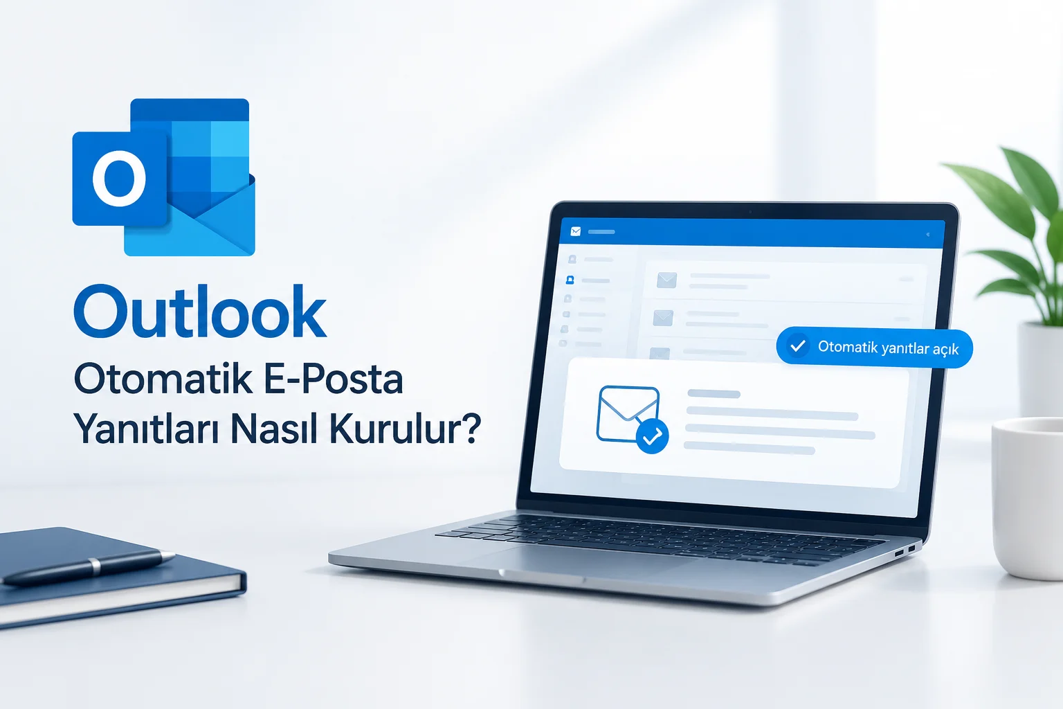 Outlook otomatik e-posta yanıtları kurulumunu gösteren, dizüstü bilgisayar ekranında otomatik yanıtlar açık mesajı bulunan görsel.