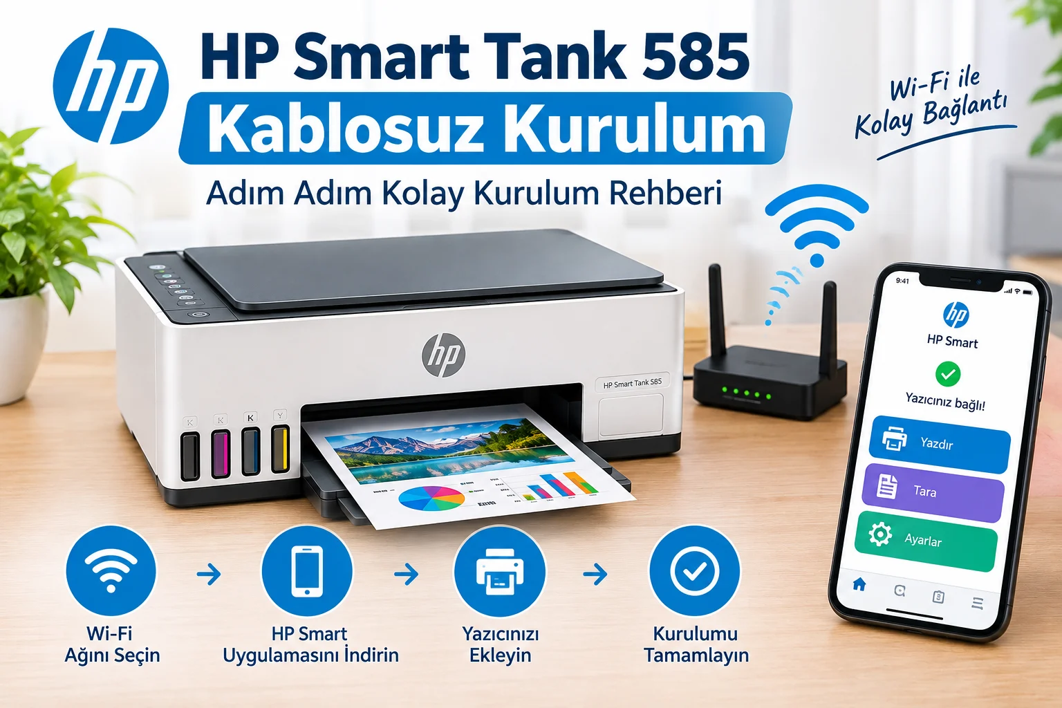 HP Smart Tank 585 kablosuz kurulum rehberi, Wi-Fi bağlantısı ve HP Smart uygulamasıyla yazıcı kurulumu