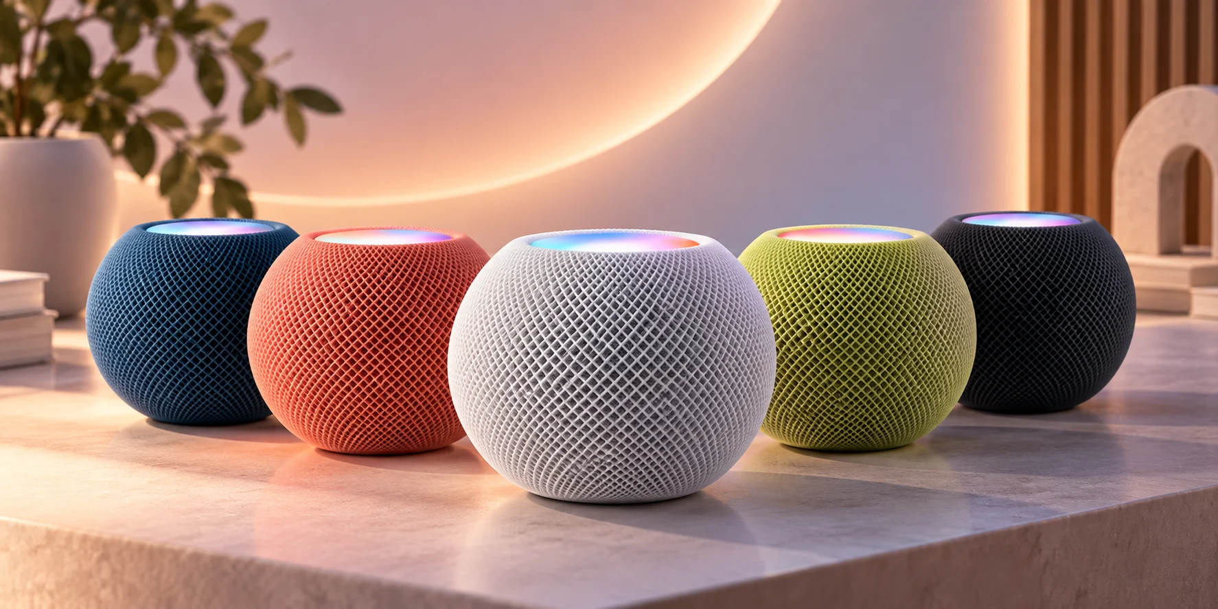 Farklı renklerde HomePod Mini 2 akıllı hoparlörler ve modern ev ortamında ürün tasarımı