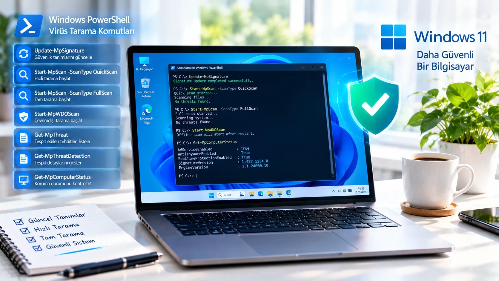 PowerShell ile virüs tarama komutlarının çalıştırıldığı, mavi ışıklı karanlık bir komut satırı ekranı.