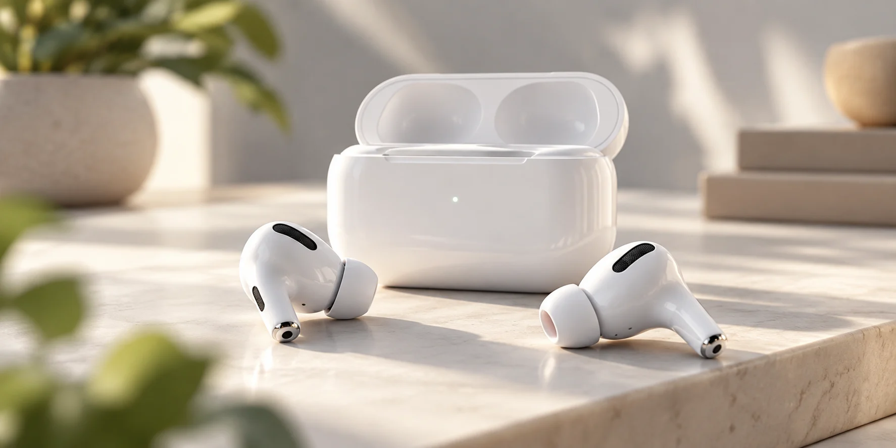 Beyaz AirPods kulaklıkları ve açık şarj kutusu