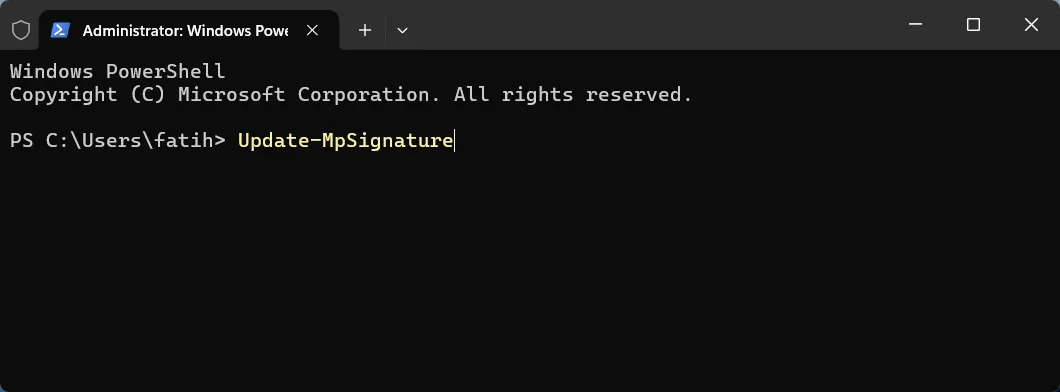 PowerShell penceresinde Update-MpSignature komutunun çalıştırılması