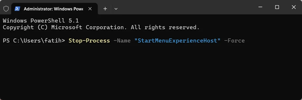 Yönetici olarak açılmış Terminal penceresinde Başlat menüsü önbelleğini temizleyen PowerShell komutları