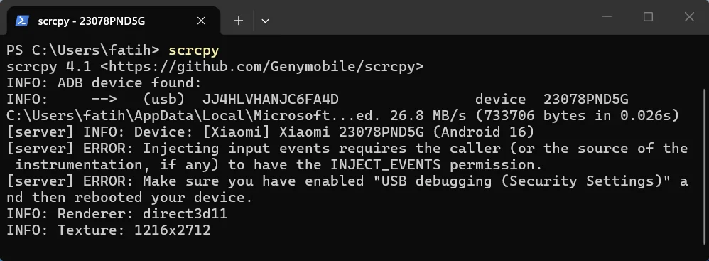Terminal'de scrcpy komutunun çalıştırılması